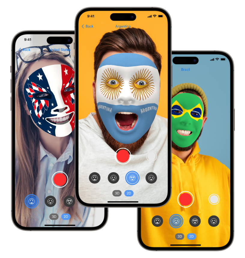 An image of the application user interface. It includes three mobile devices with people using a face filter.